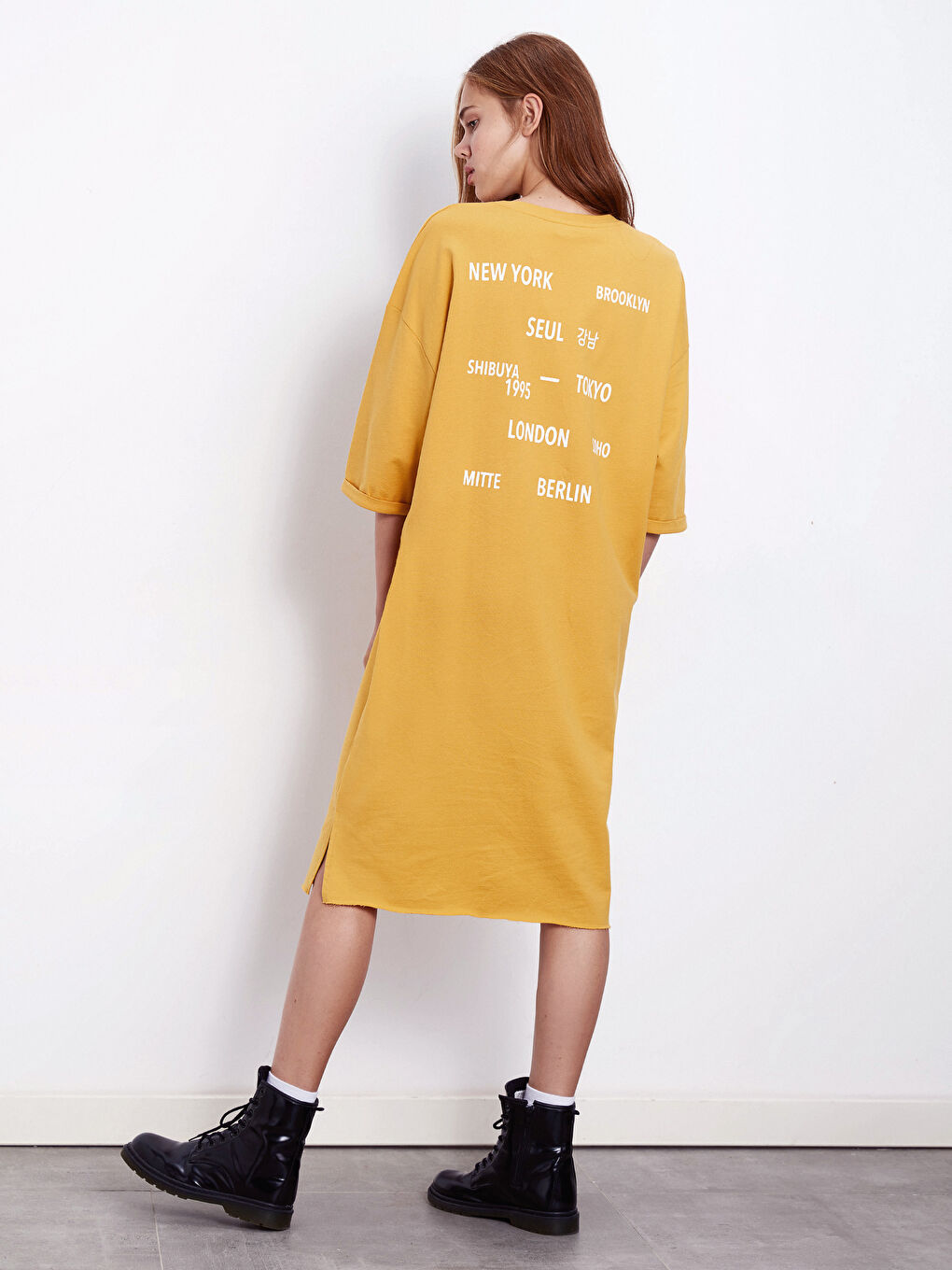 Sarı Bisiklet Yaka Kadın Elbise-3