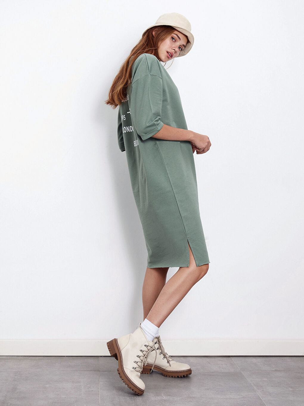 Haki Bisiklet Yaka Kadın Elbise-1