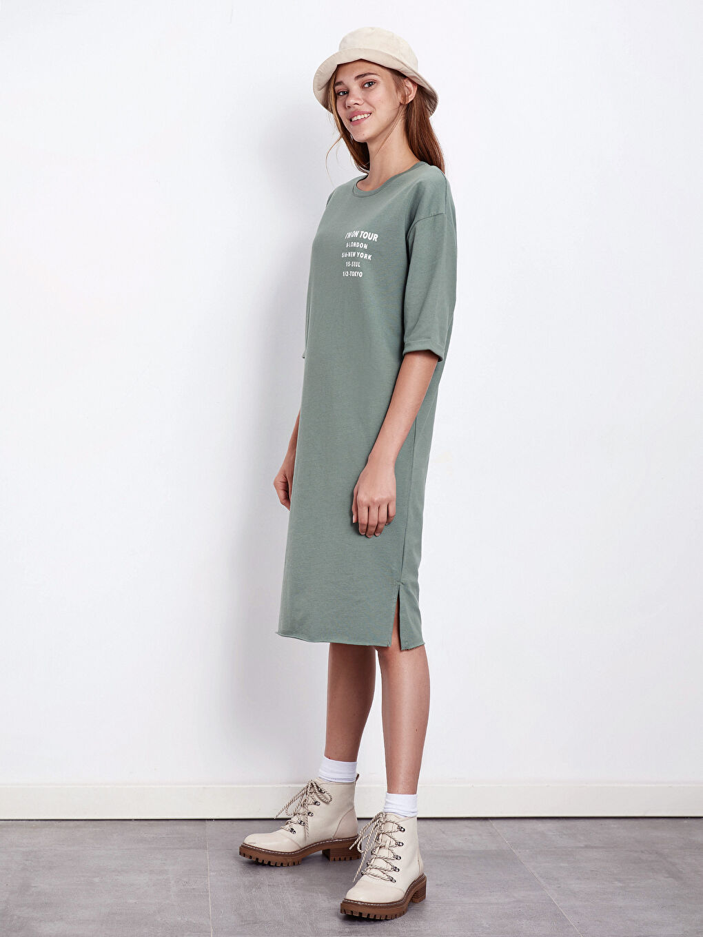 Haki Bisiklet Yaka Kadın Elbise-2