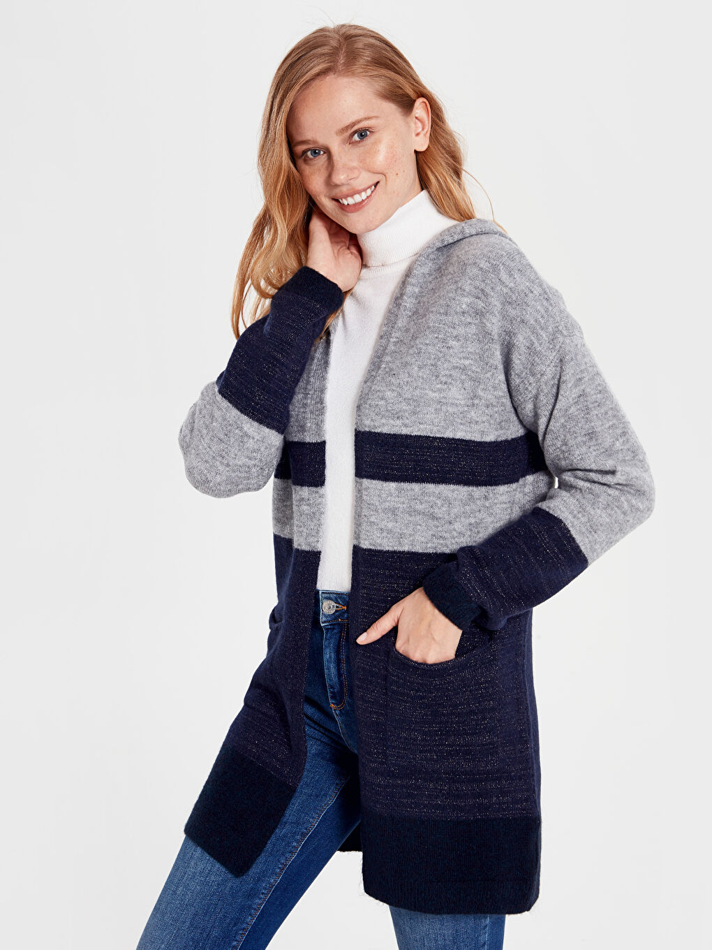 İndigo Kapüşonlu Kadın Hırka