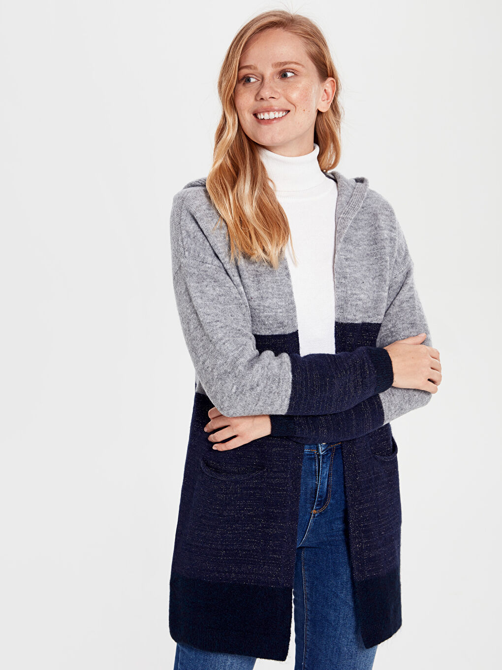 İndigo Kapüşonlu Kadın Hırka-1