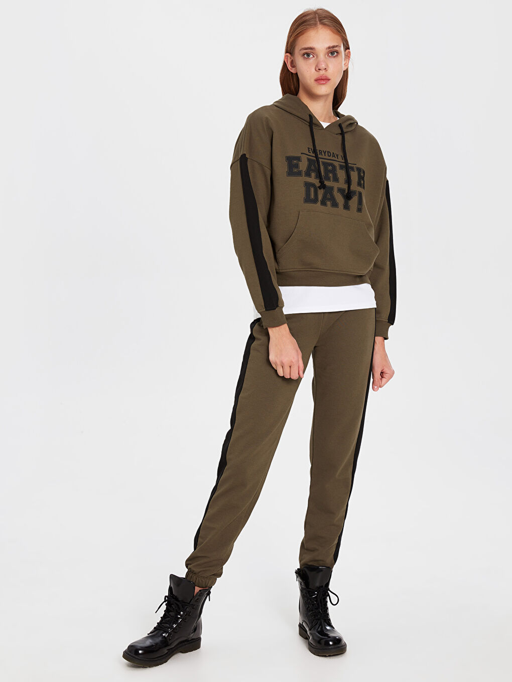 Haki Baskılı Uzun Kollu Kadın Hoodie-3