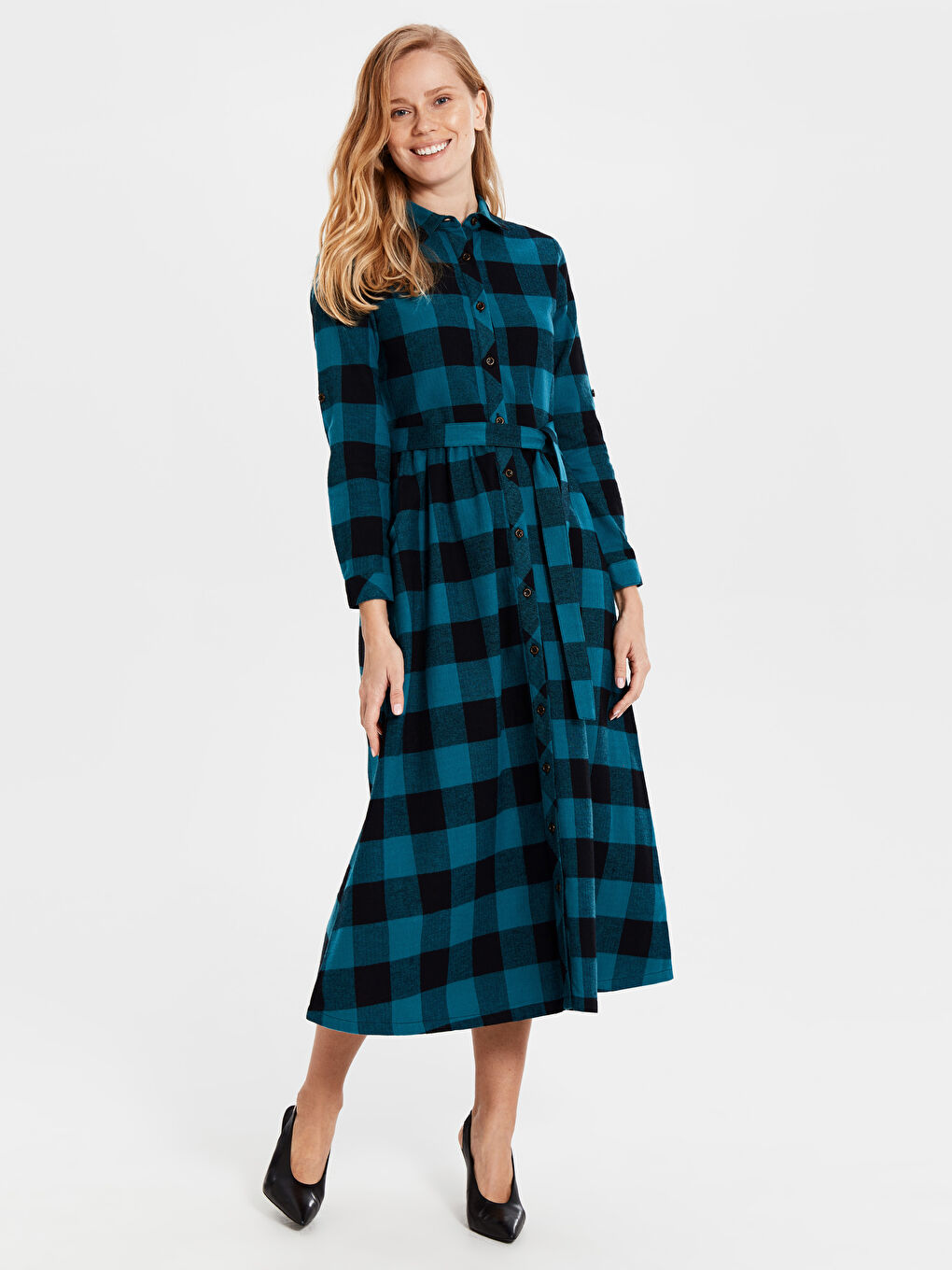 Yeşil Standart Fit Uzun Kollu Kadın Gömlek Elbise