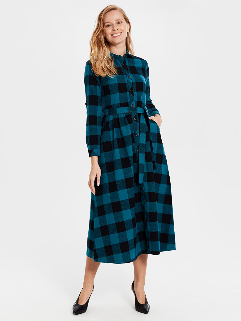 Yeşil Standart Fit Uzun Kollu Kadın Gömlek Elbise-1