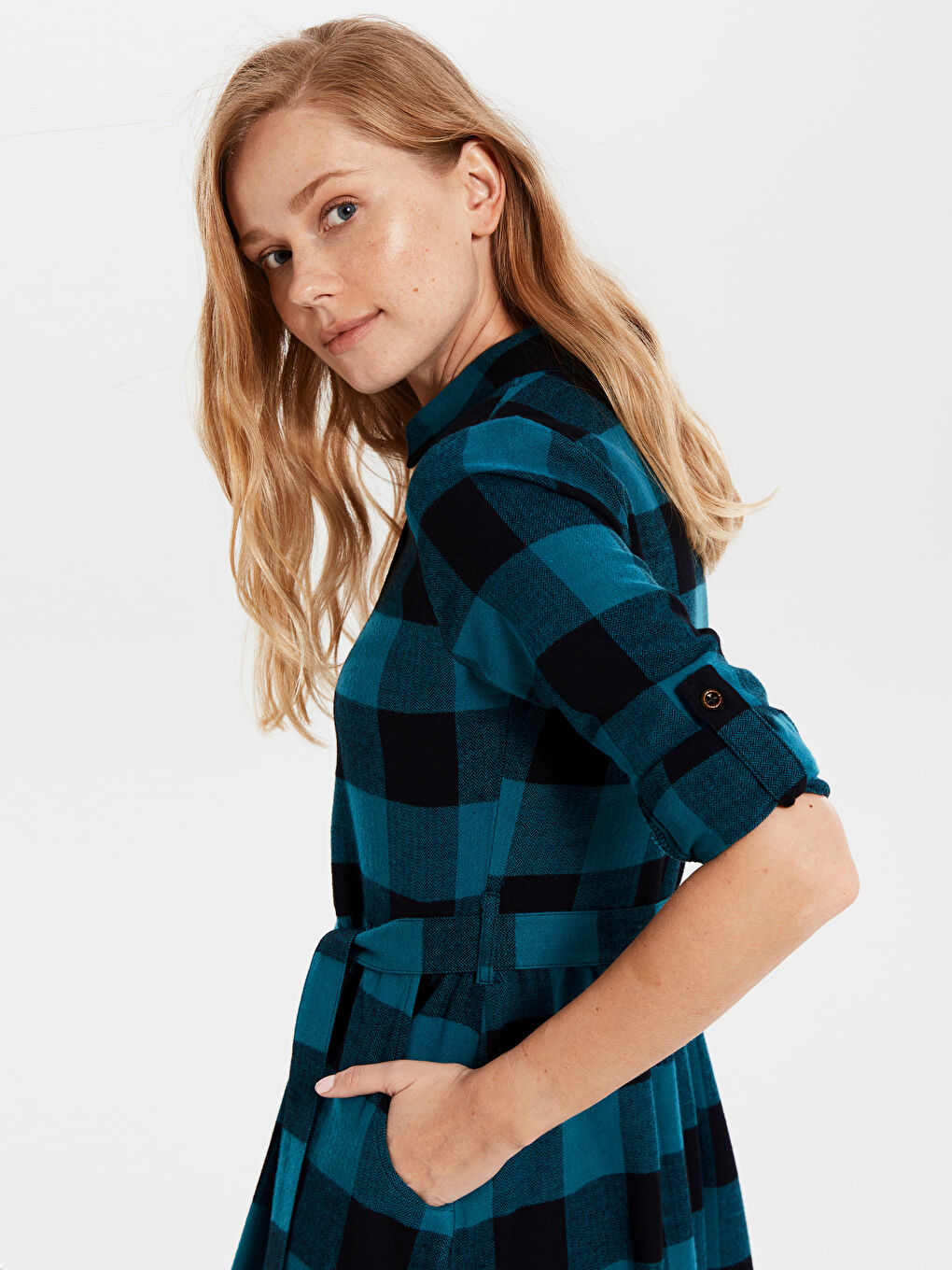 Yeşil Standart Fit Uzun Kollu Kadın Gömlek Elbise-2