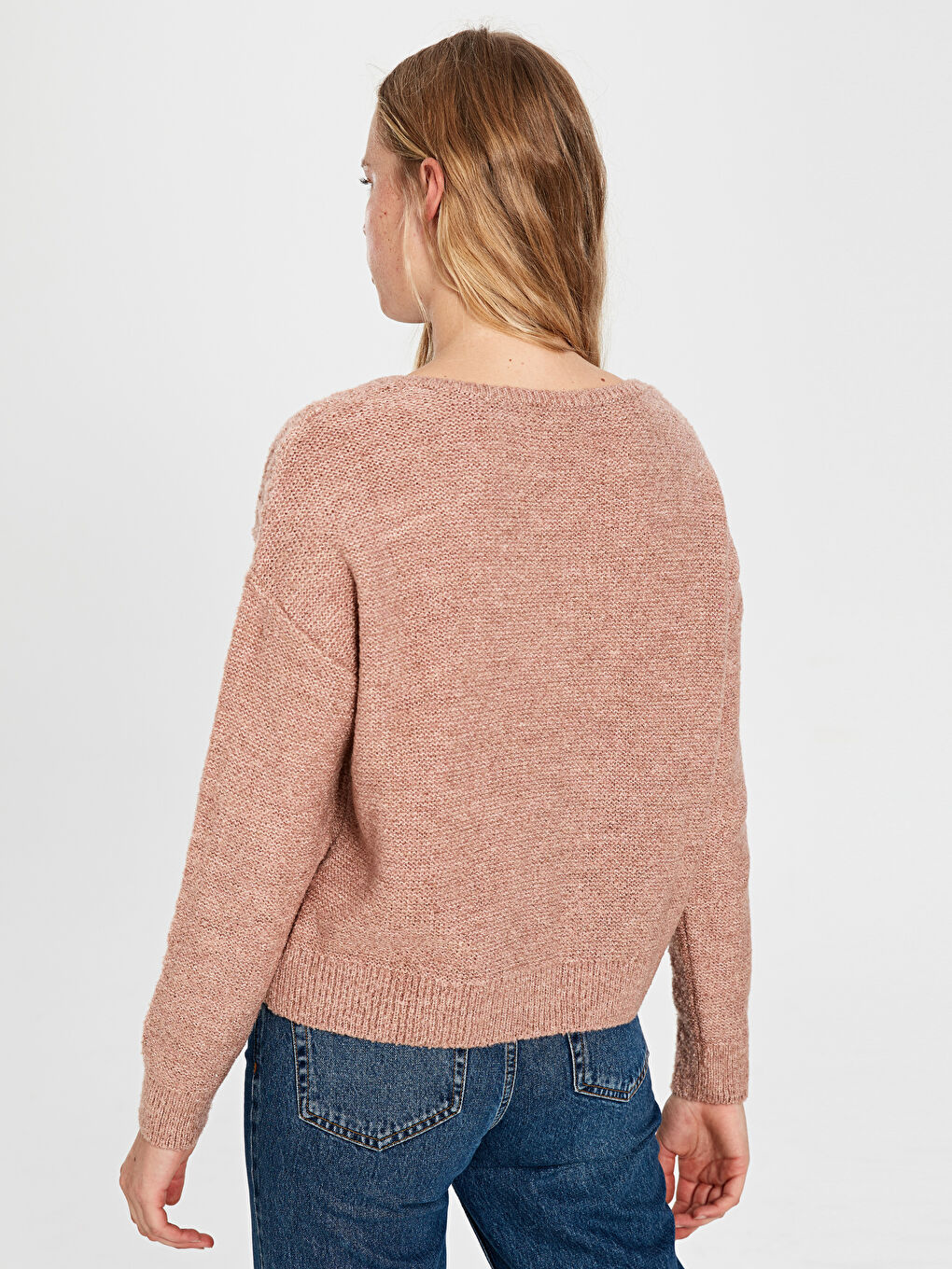 Pembe Kaçık Yaka Kendinden Desenli Uzun Kollu Kadın Kazak-3