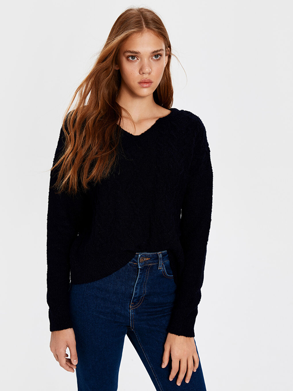 Әйелдерге арналған ойық жағалы принтті ұзын жең трикотаж жемпір-1