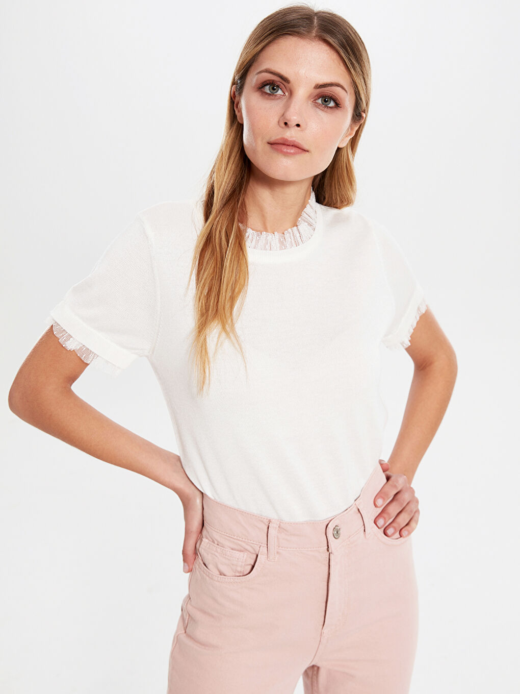 Ekru Bisiklet Yaka Uzun Kollu Kadın Kazak