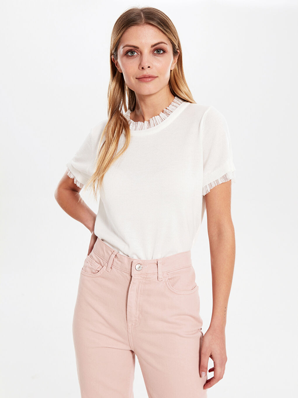 Ekru Bisiklet Yaka Uzun Kollu Kadın Kazak-1