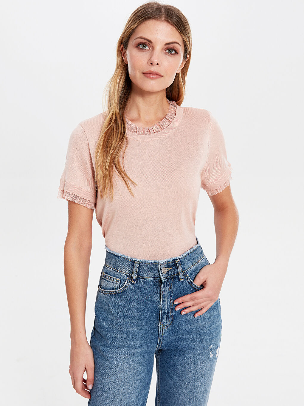 Pembe Bisiklet Yaka Uzun Kollu Kadın Kazak