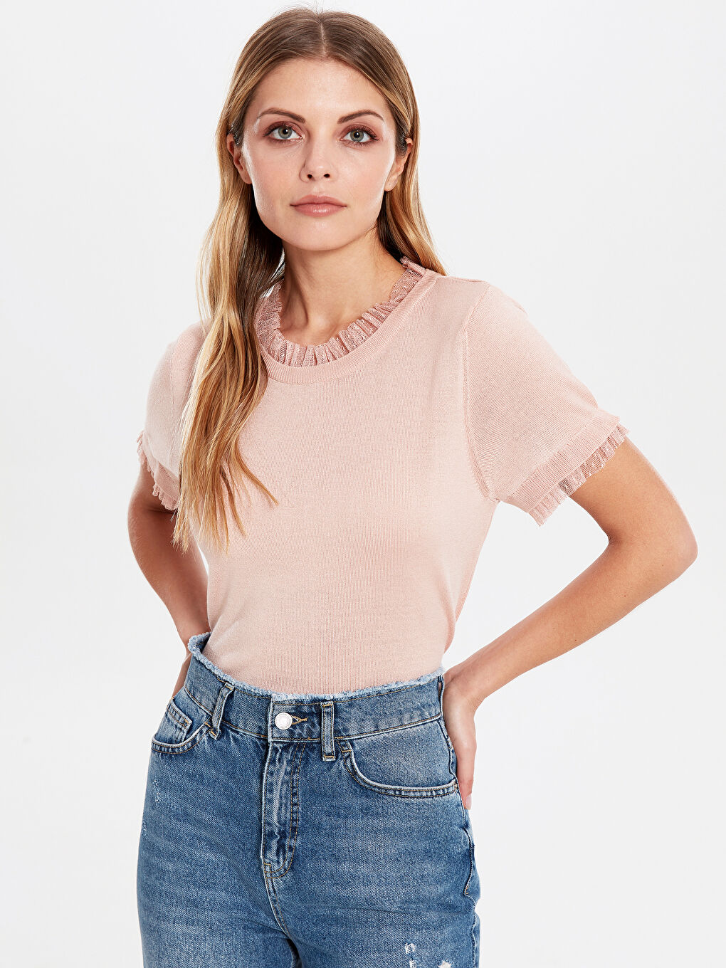 Pembe Bisiklet Yaka Uzun Kollu Kadın Kazak-2