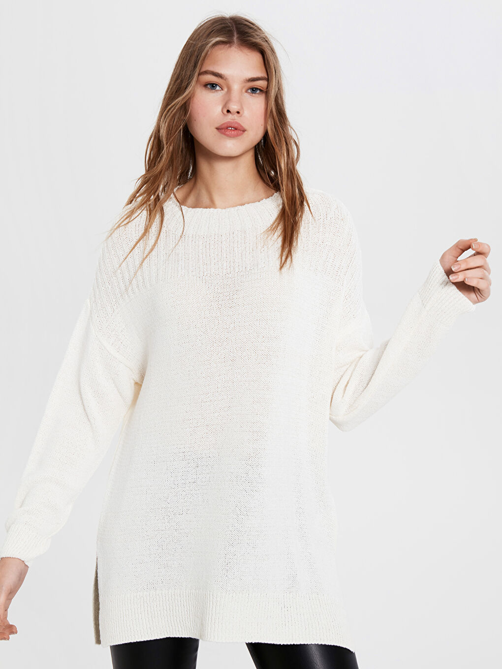 Bej Bisiklet Yaka Düz Uzun Kollu Kadın Tunik