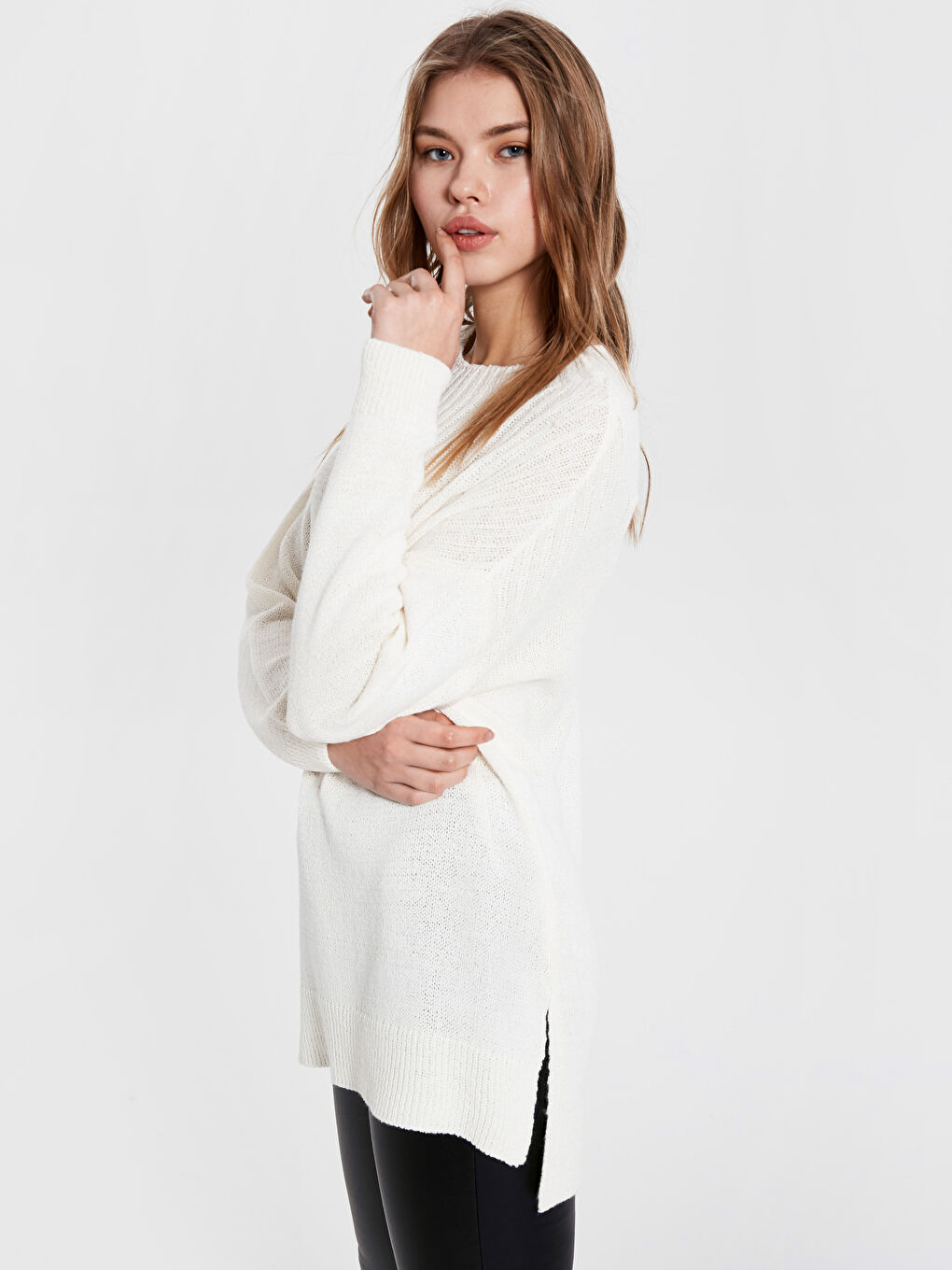 Bej Bisiklet Yaka Düz Uzun Kollu Kadın Tunik-1