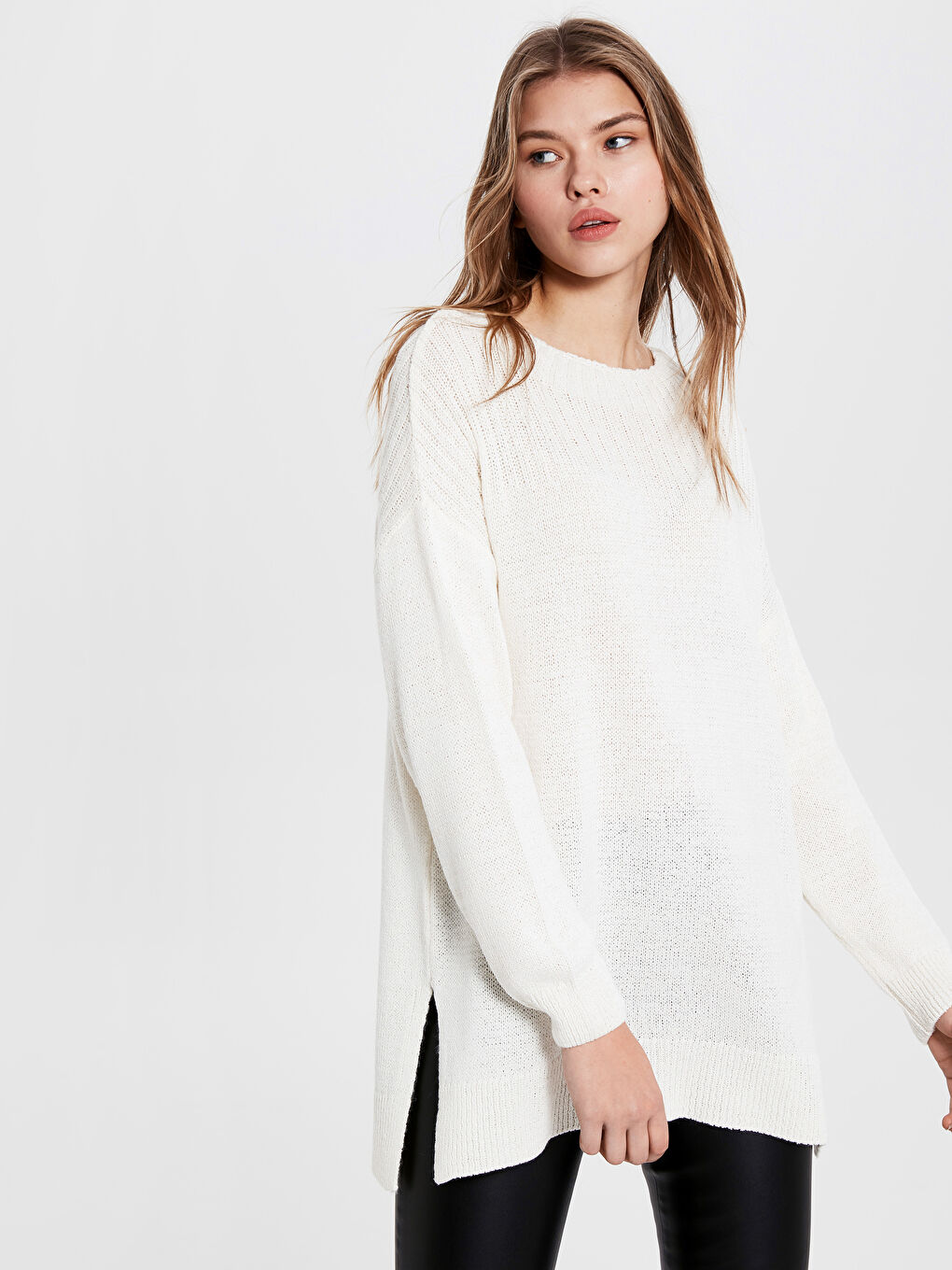 Bej Bisiklet Yaka Düz Uzun Kollu Kadın Tunik-2