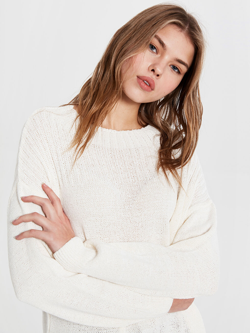 Bej Bisiklet Yaka Düz Uzun Kollu Kadın Tunik-3