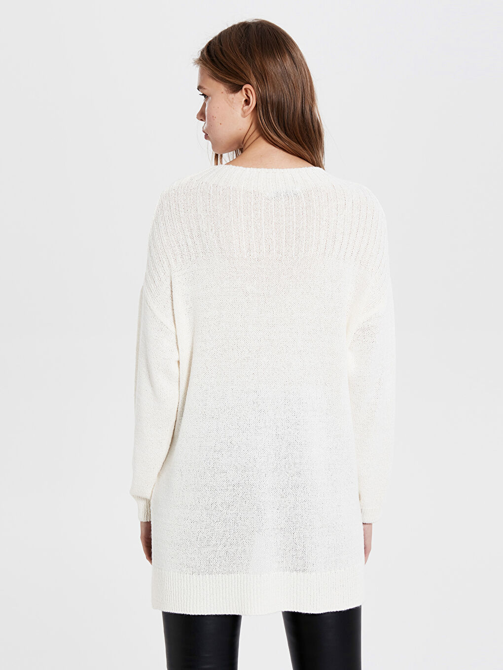 Bej Bisiklet Yaka Düz Uzun Kollu Kadın Tunik-4