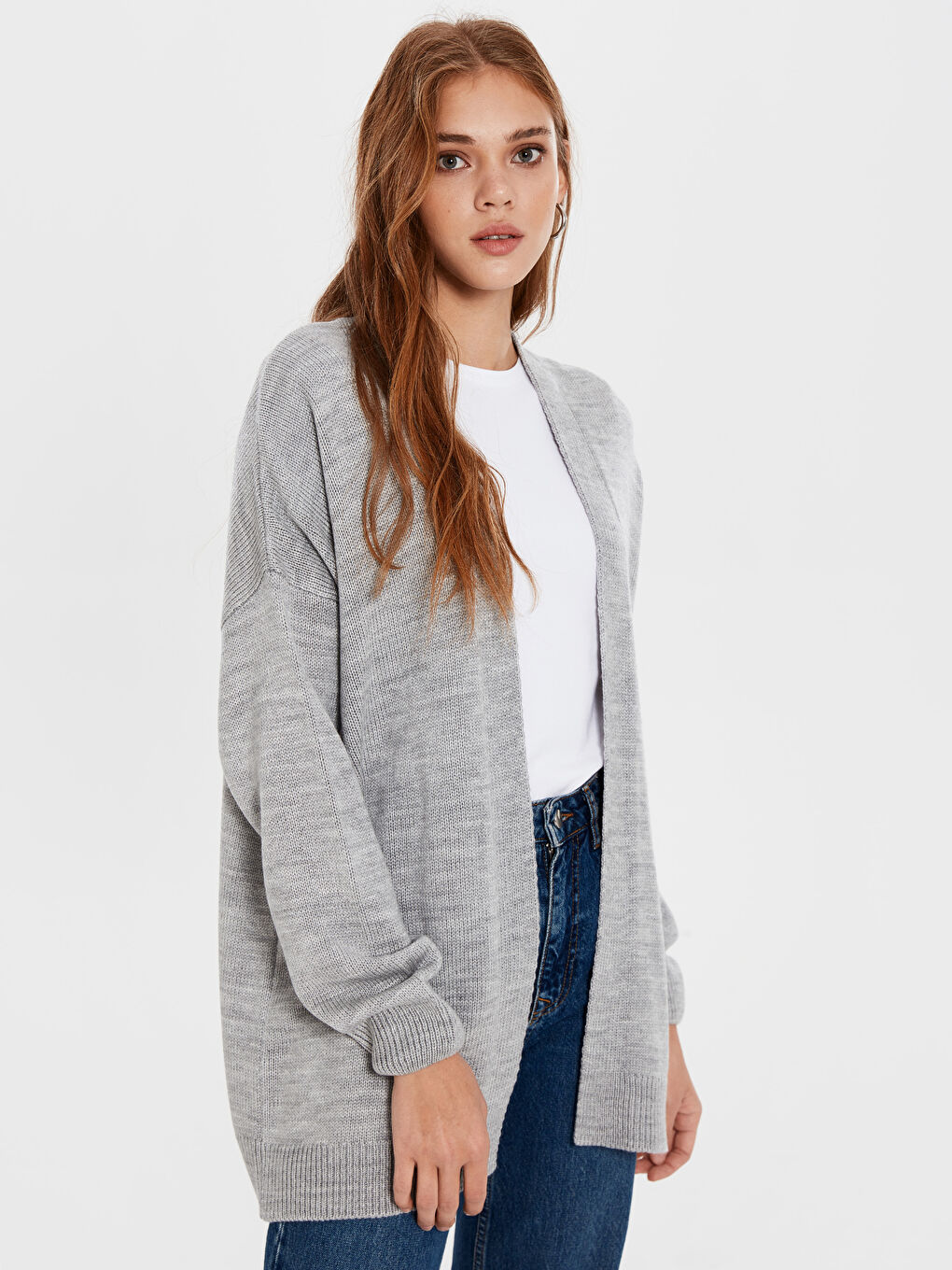 Gri V Yaka Uzun Kollu Kadın Triko Hırka-1