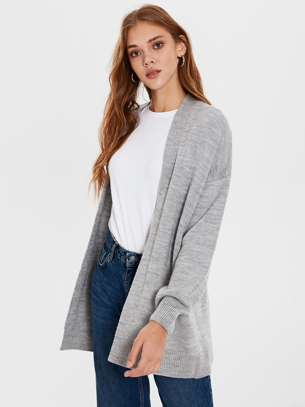 Gri V Yaka Uzun Kollu Kadın Triko Hırka-2