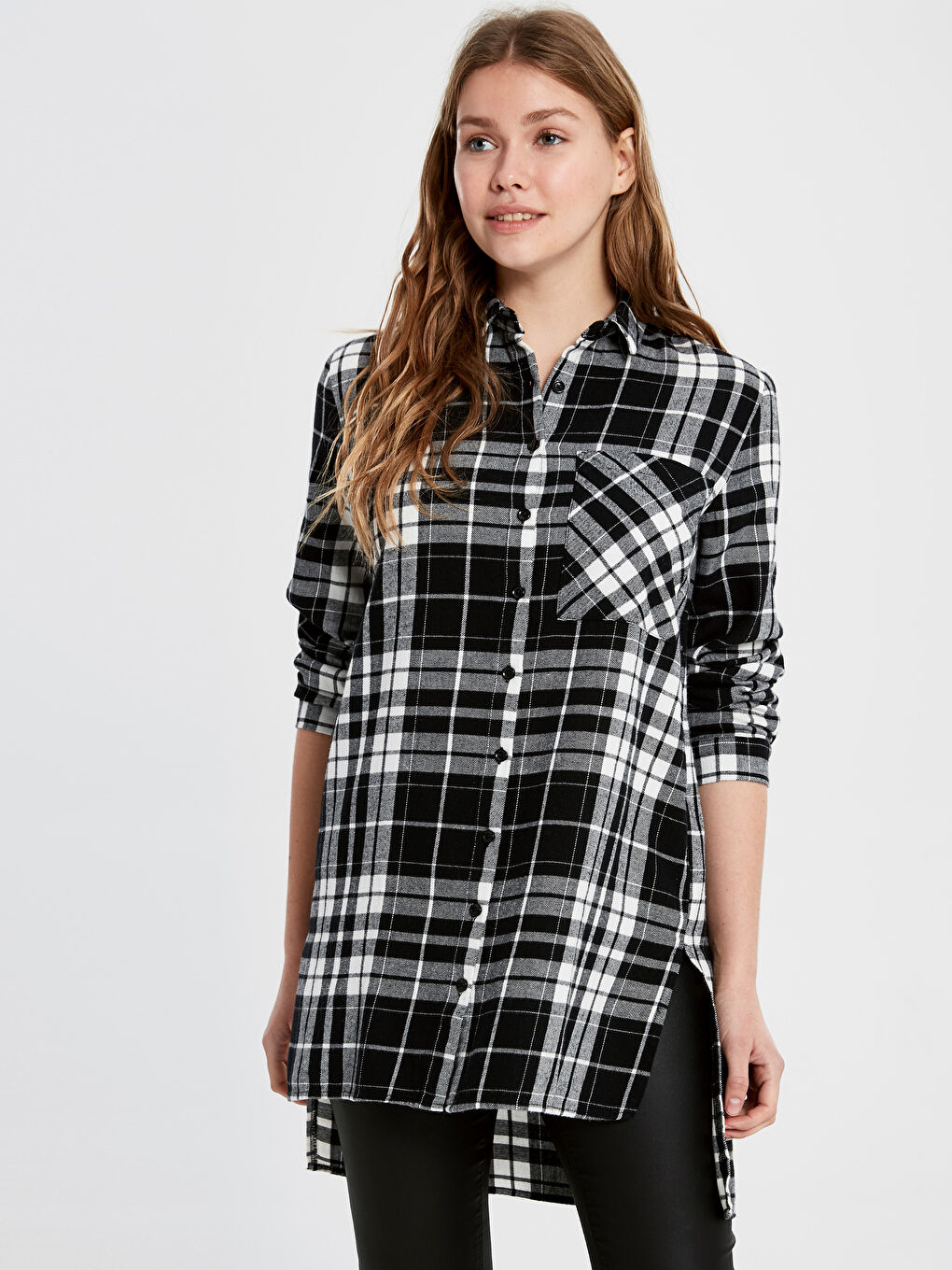 Siyah Ekose Uzun Kollu Kadın Gömlek Tunik