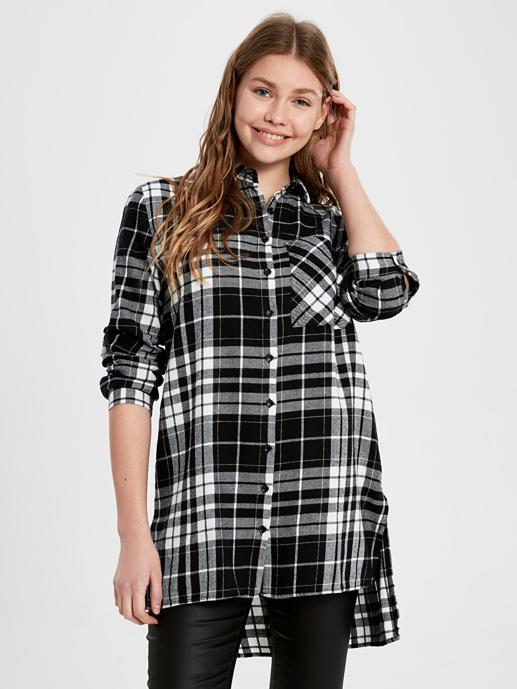 Siyah Ekose Uzun Kollu Kadın Gömlek Tunik-1