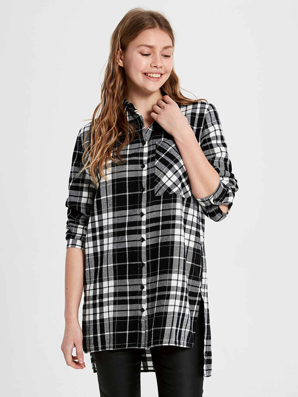 Siyah Ekose Uzun Kollu Kadın Gömlek Tunik-2