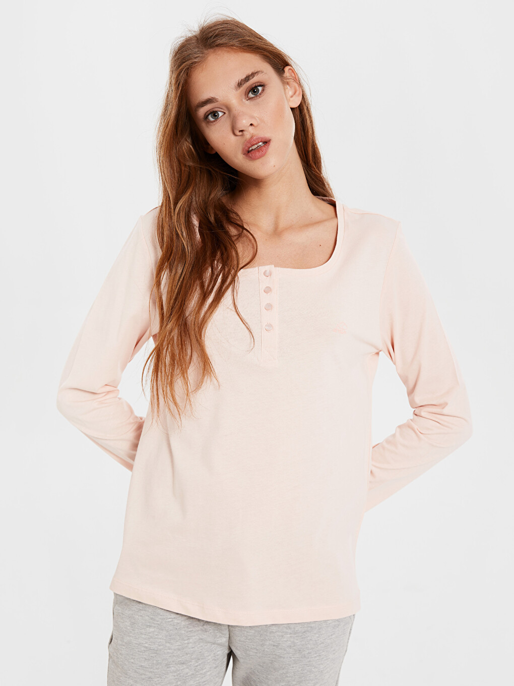 Pembe Uzun Kollu Kadın Pijama Üst