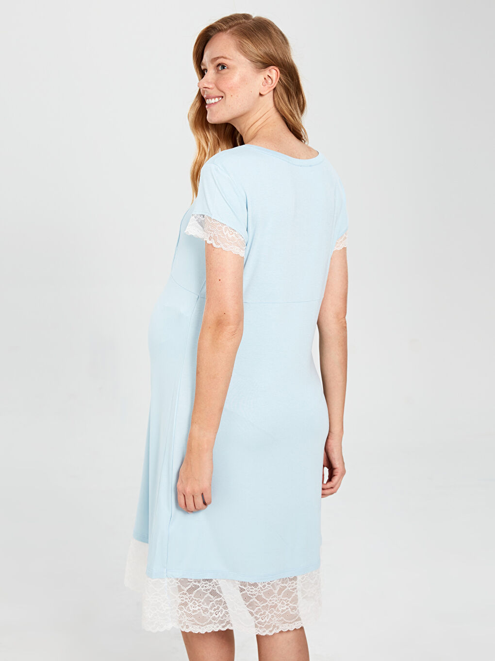 Mavi Kare Yaka Kısa Kollu Düz Hamile Gecelik-2
