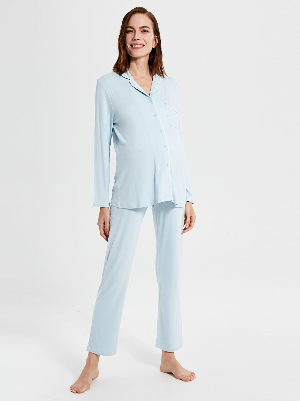 Mavi Gömlek Yaka Uzun Kollu Kadın Pijama Takım