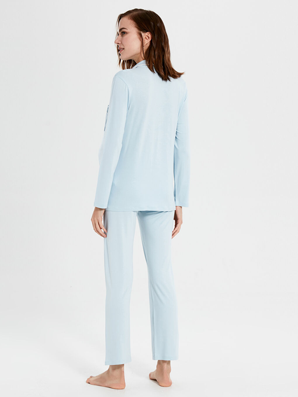 Mavi Gömlek Yaka Uzun Kollu Kadın Pijama Takım-2