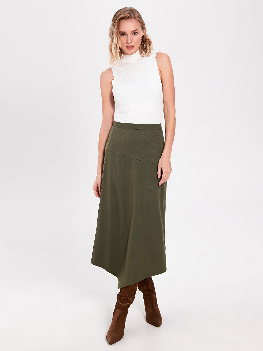 Haki Kadın Rahat Kalıp Düz Etek-1