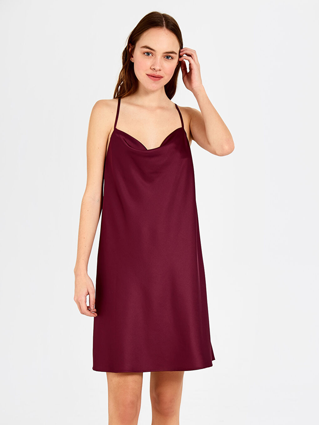 Mürdüm Askılı Saten Kadın Fantezi Gecelik-1