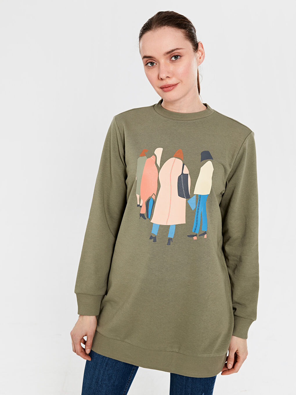 Haki Bisiklet Yaka Baskılı Sweatshirt