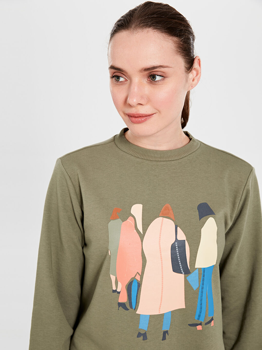 Haki Bisiklet Yaka Baskılı Sweatshirt-1