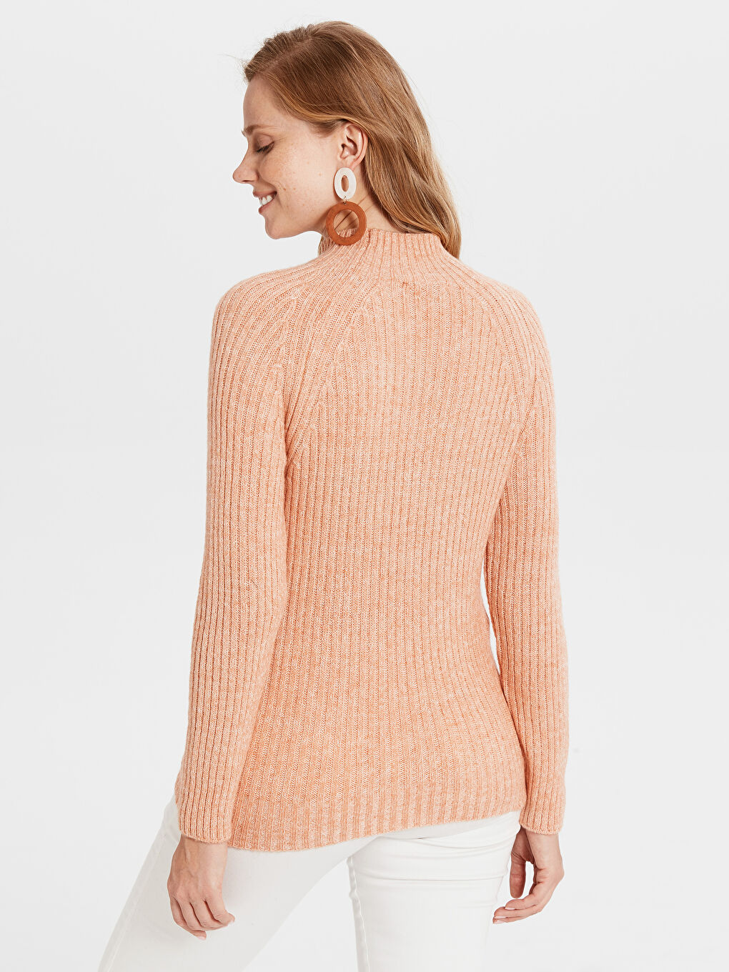 Pembe Yarım Balıkçı Yaka Kendinden Desenli Uzun Kollu Kadın Kazak-1