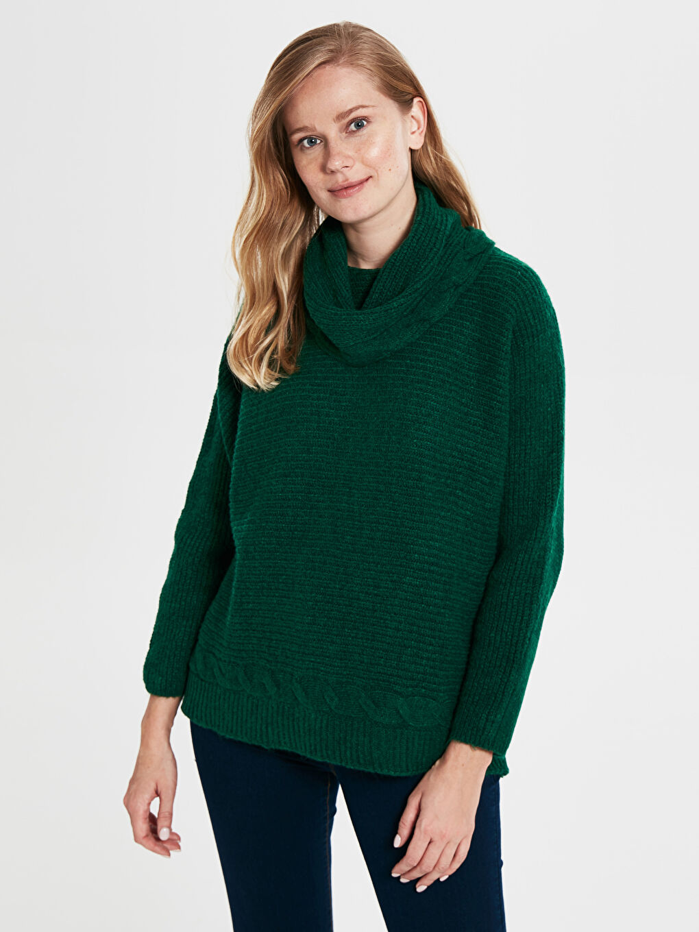 Yeşil Degaje Yaka Uzun Kollu Kadın Triko Kazak