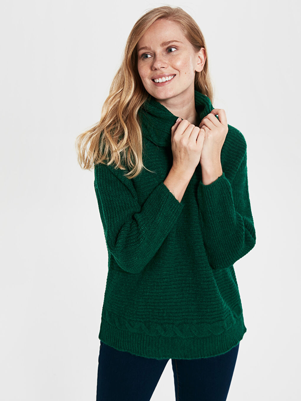 Yeşil Degaje Yaka Uzun Kollu Kadın Triko Kazak-1