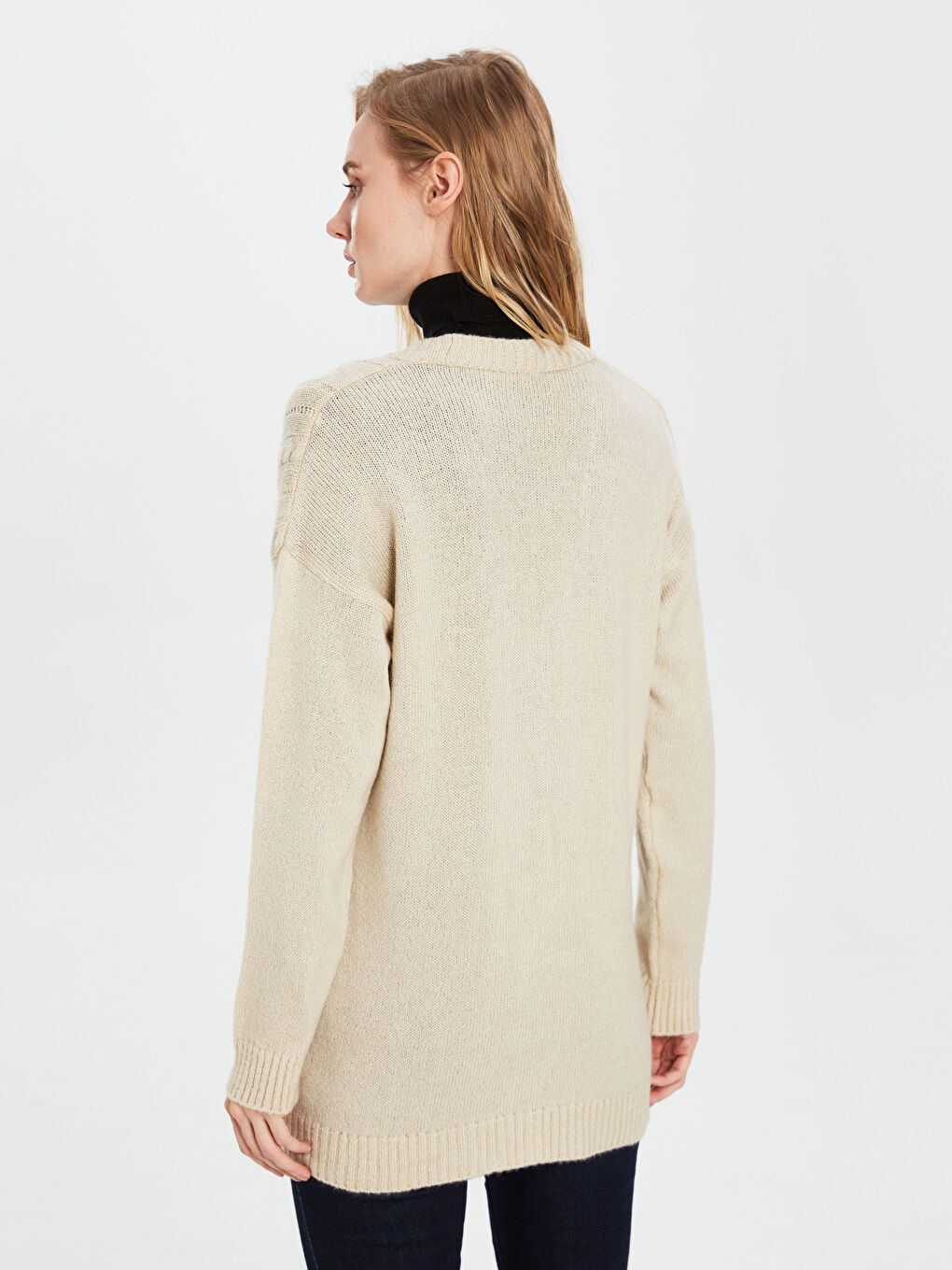 Bej V Yaka Kendinden Desenli Uzun Kollu Kadın Triko Hırka-3