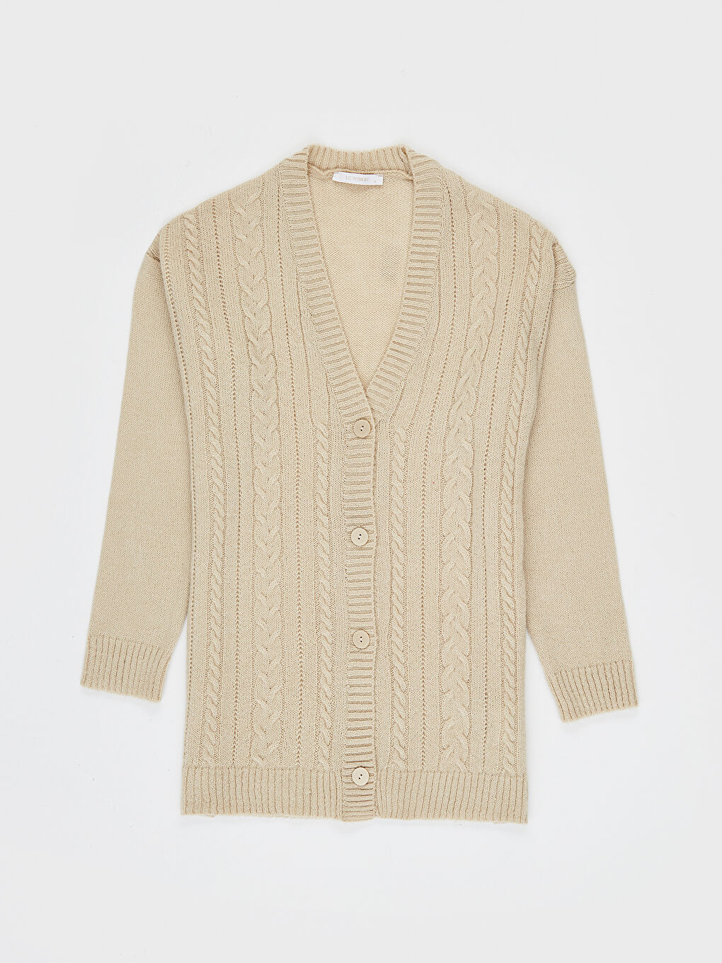 Bej V Yaka Kendinden Desenli Uzun Kollu Kadın Triko Hırka-1