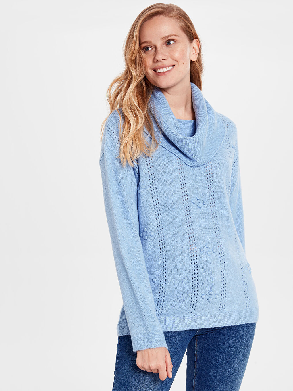 Mavi Dökümlü Yaka Kadın Kazak-1