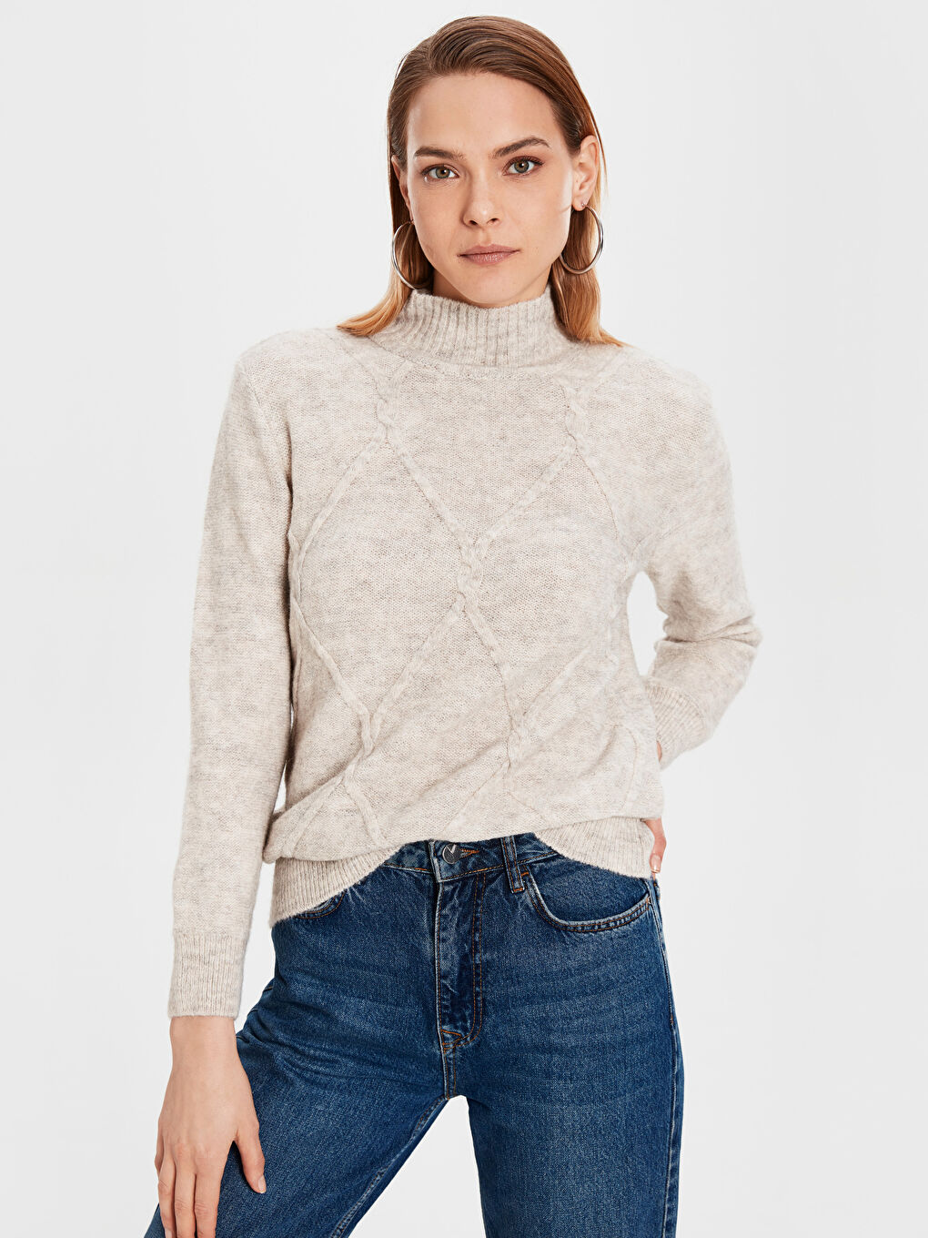 Bej Yarım Balıkçı Yaka Kadın Kazak