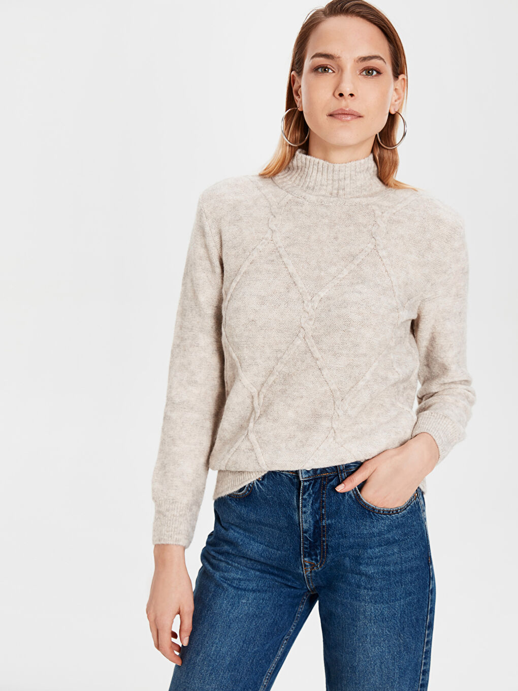 Bej Yarım Balıkçı Yaka Kadın Kazak-2