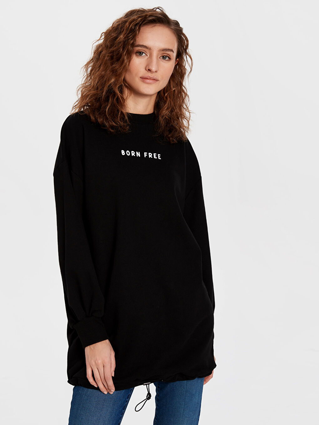 Siyah Slogan Baskılı Bisiklet Yaka Tunik-1