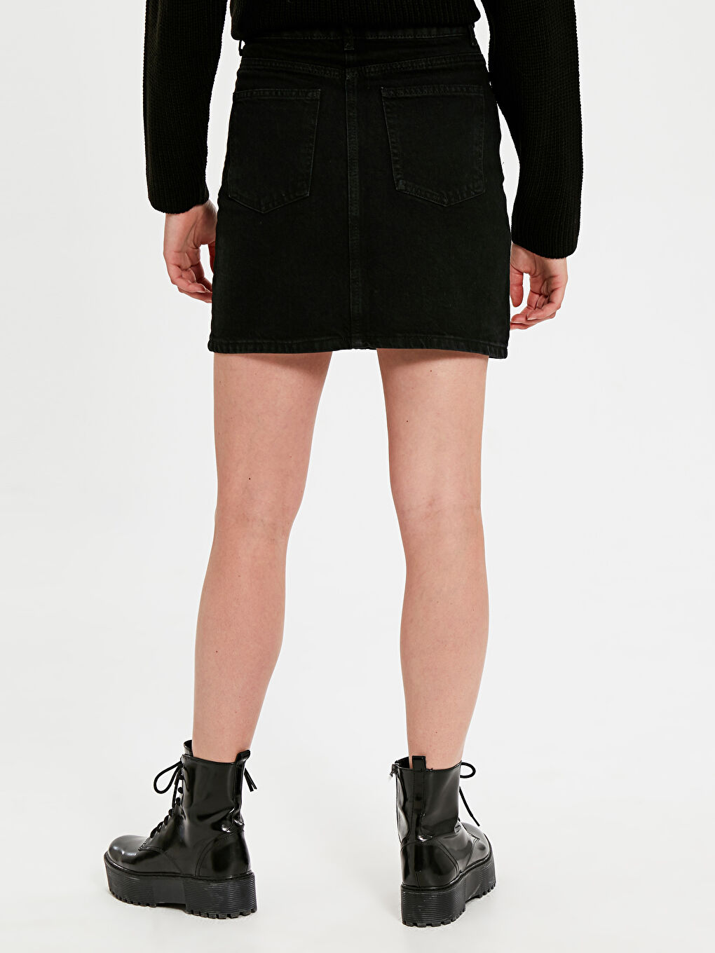 Siyah Standart Fit Cep Detaylı Kadın Jean Etek-2