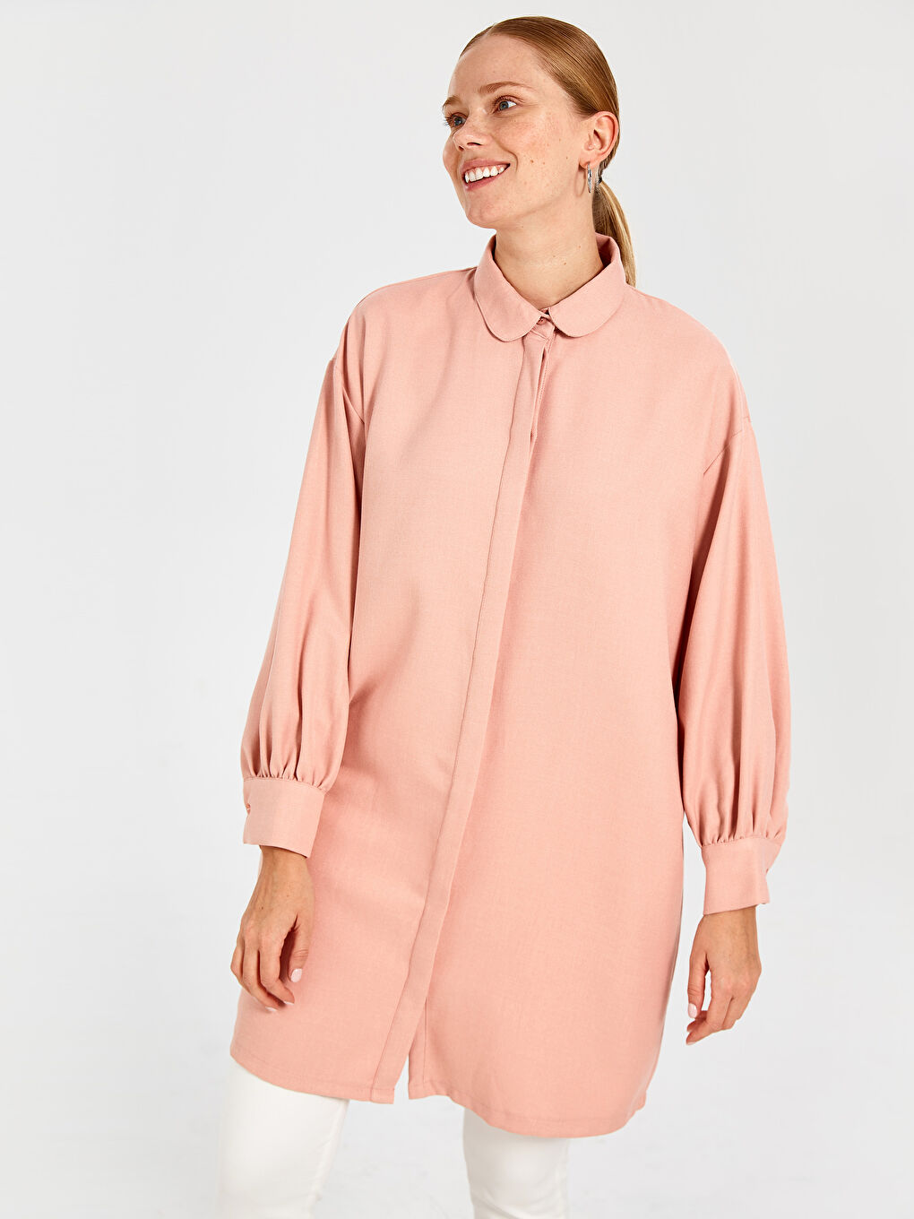 Pembe Düz Uzun Kollu Oversize Kadın Gömlek Tunik