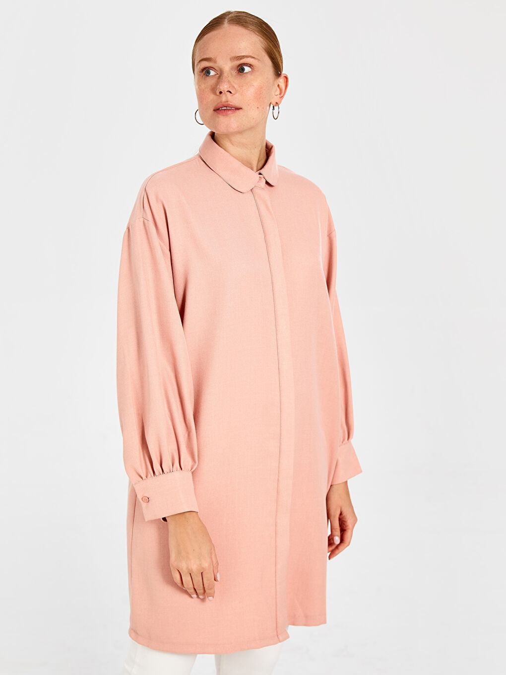Pembe Düz Uzun Kollu Oversize Kadın Gömlek Tunik-1