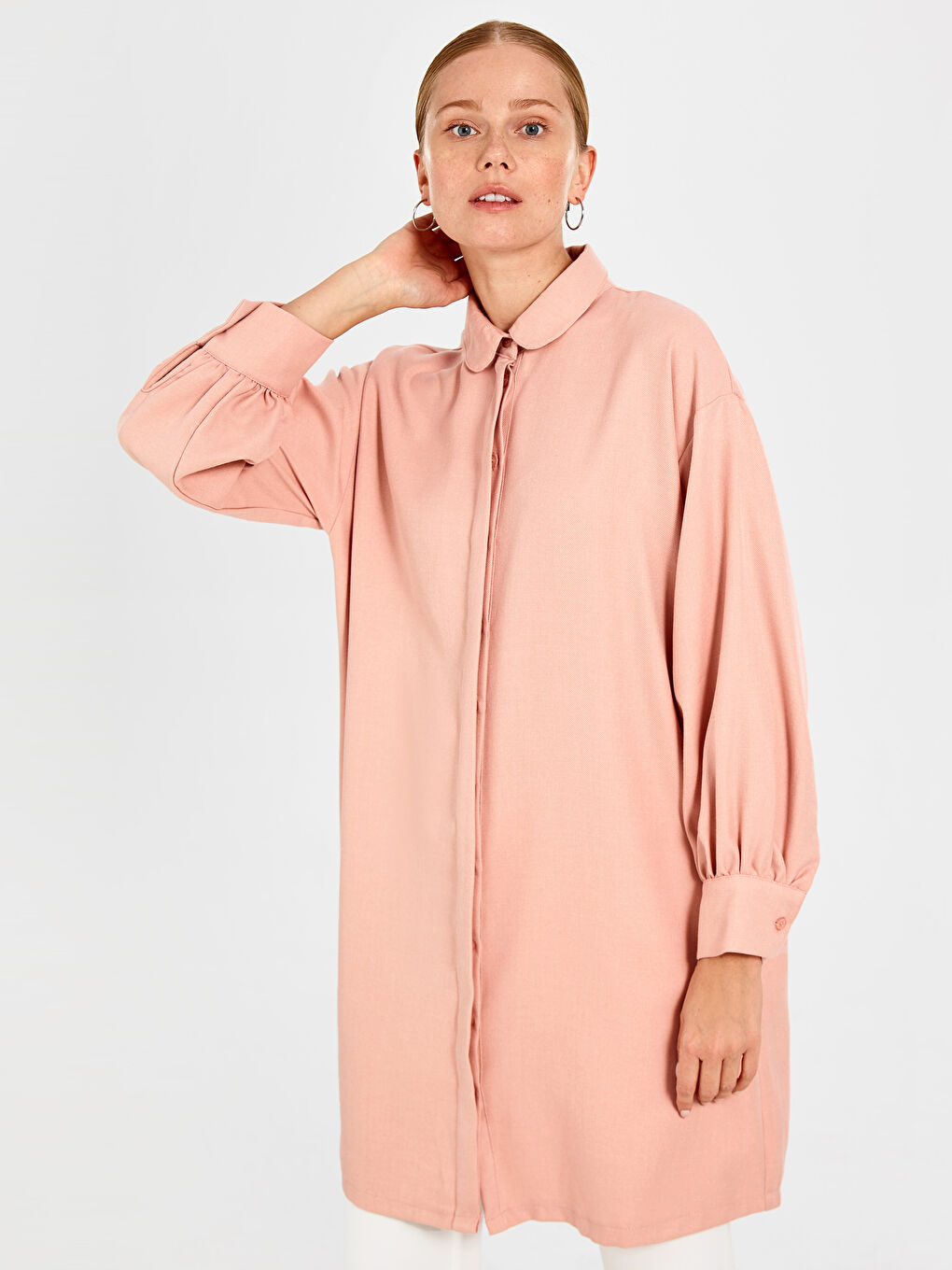 Pembe Düz Uzun Kollu Oversize Kadın Gömlek Tunik-2