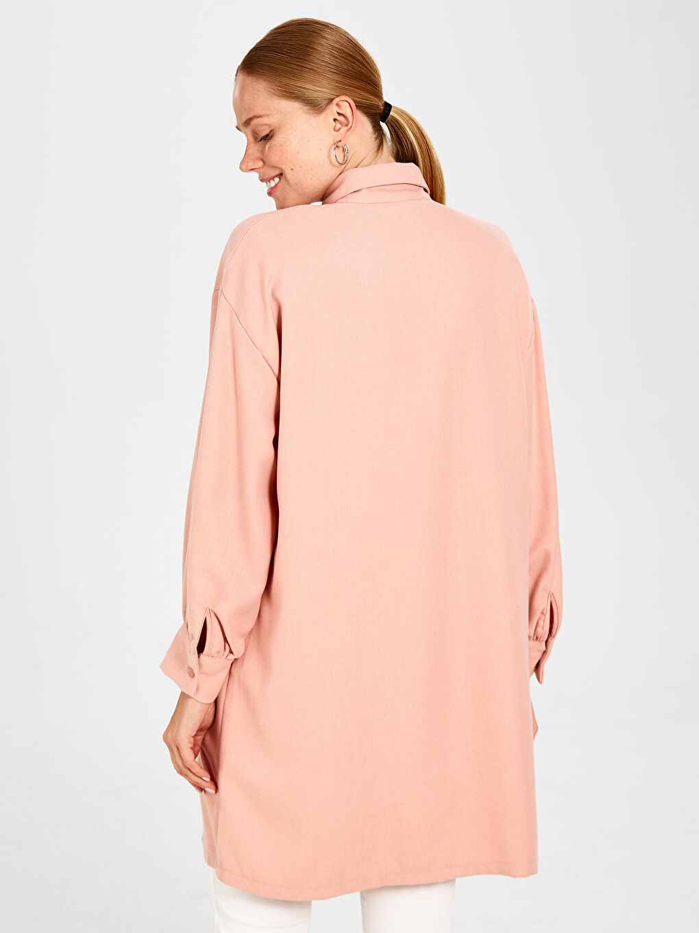 Pembe Düz Uzun Kollu Oversize Kadın Gömlek Tunik-3