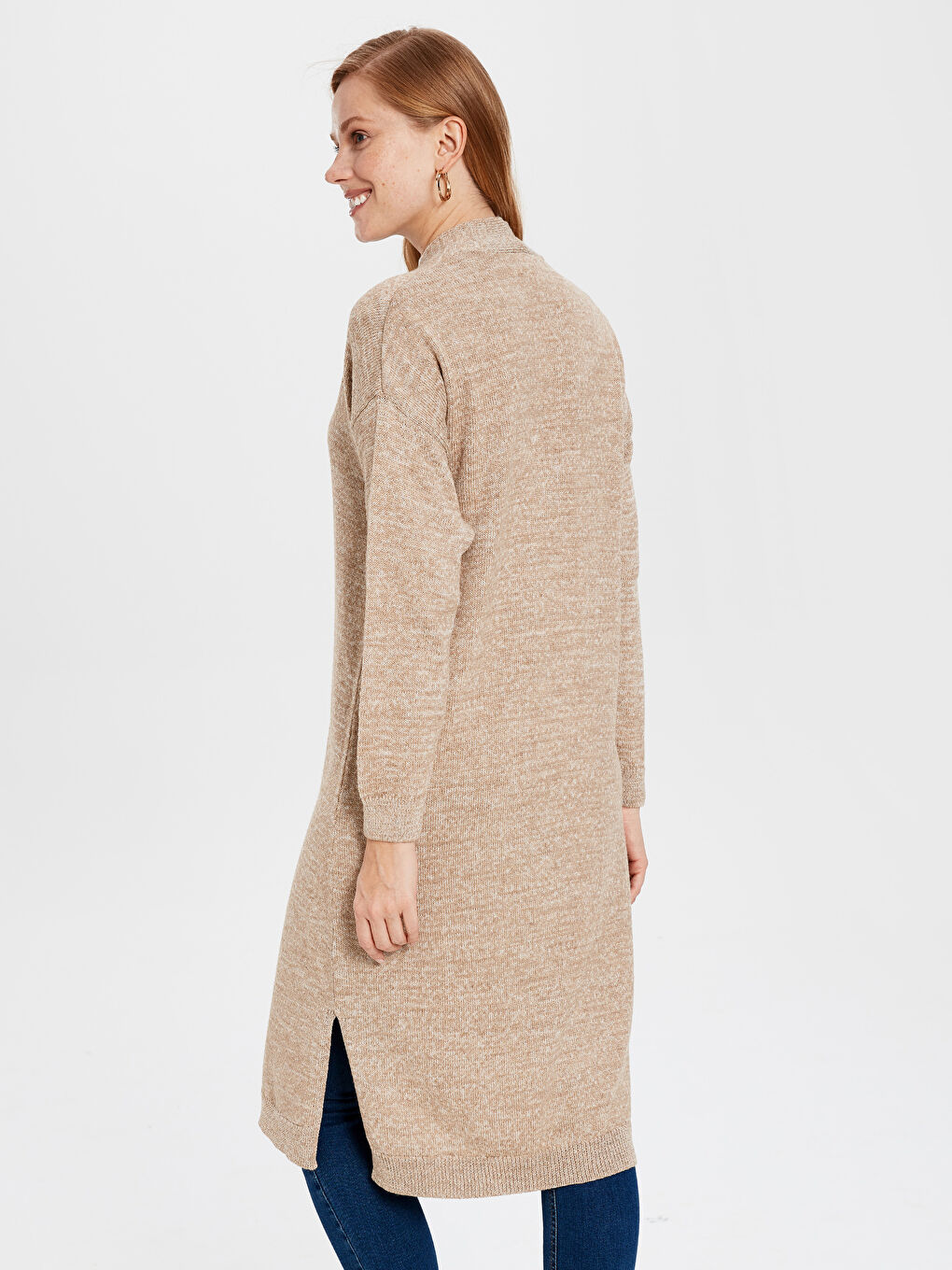 Bej Düğme Kapamalı Düz Uzun Kollu Kadın Hırka-2