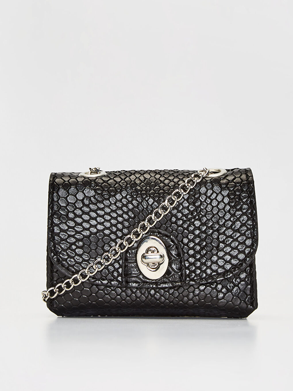 Siyah Kroko Desenli zincirli Çapraz Çanta