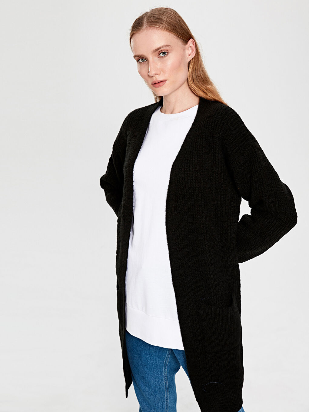 Siyah Cep Detaylı Uzun Kollu İnce Kadın Triko Hırka-2